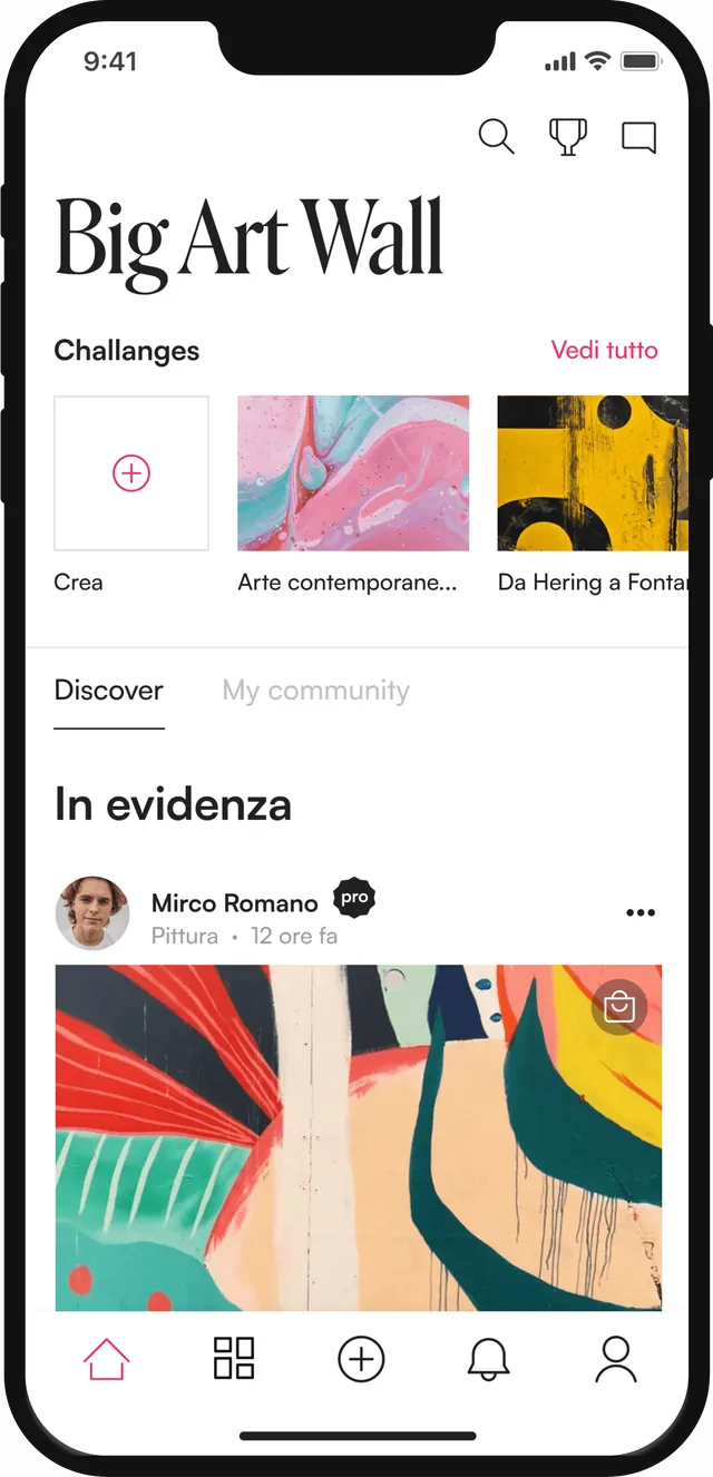 Home dell'app con challenge e opere in evidenza